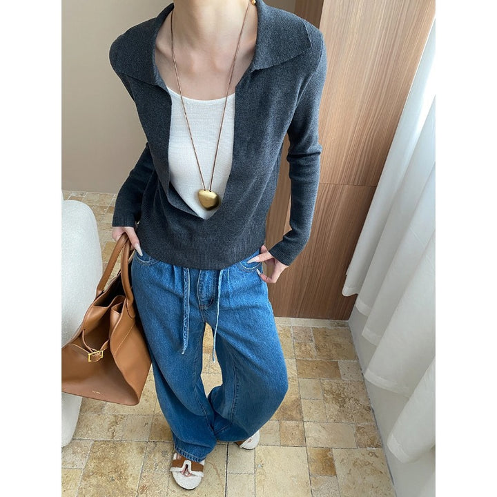 Damen eleganter Pullover mit tiefem Ausschnitt und feinen Details Drune