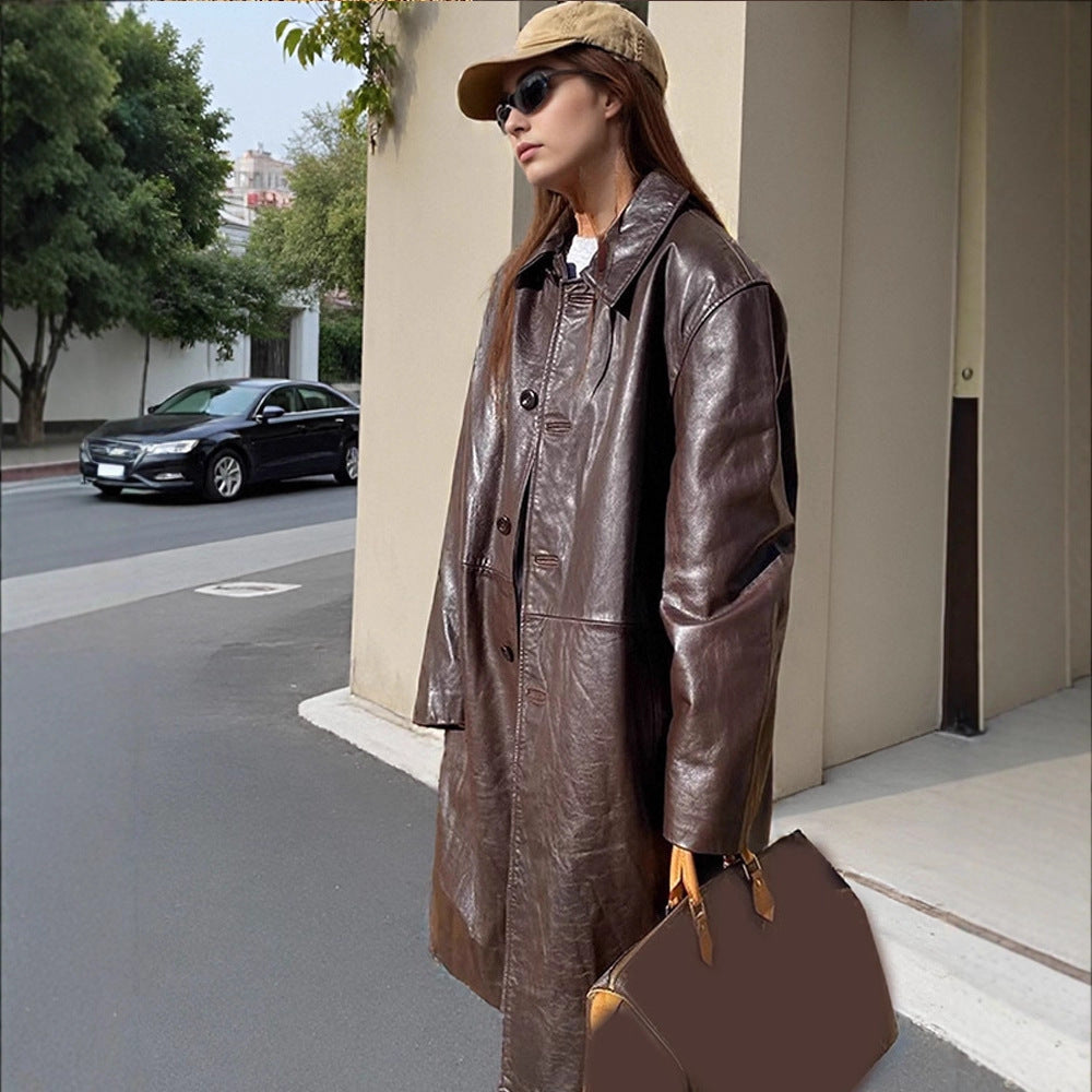 Damen langer Lederimitatmantel mit doppelreihiger Knopfleiste und Oversize-Schnitt Drune