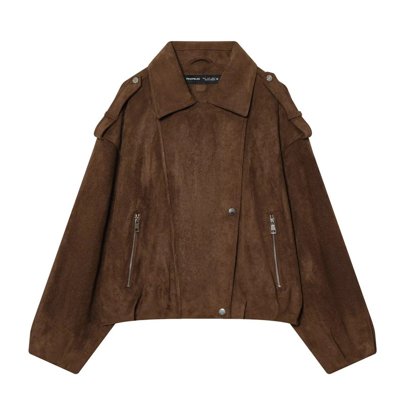 Damen nan kastige Cropped-Bikerjacke aus Wildlederimitat mit Schulterklappen und Reißverschlusstaschen Drune