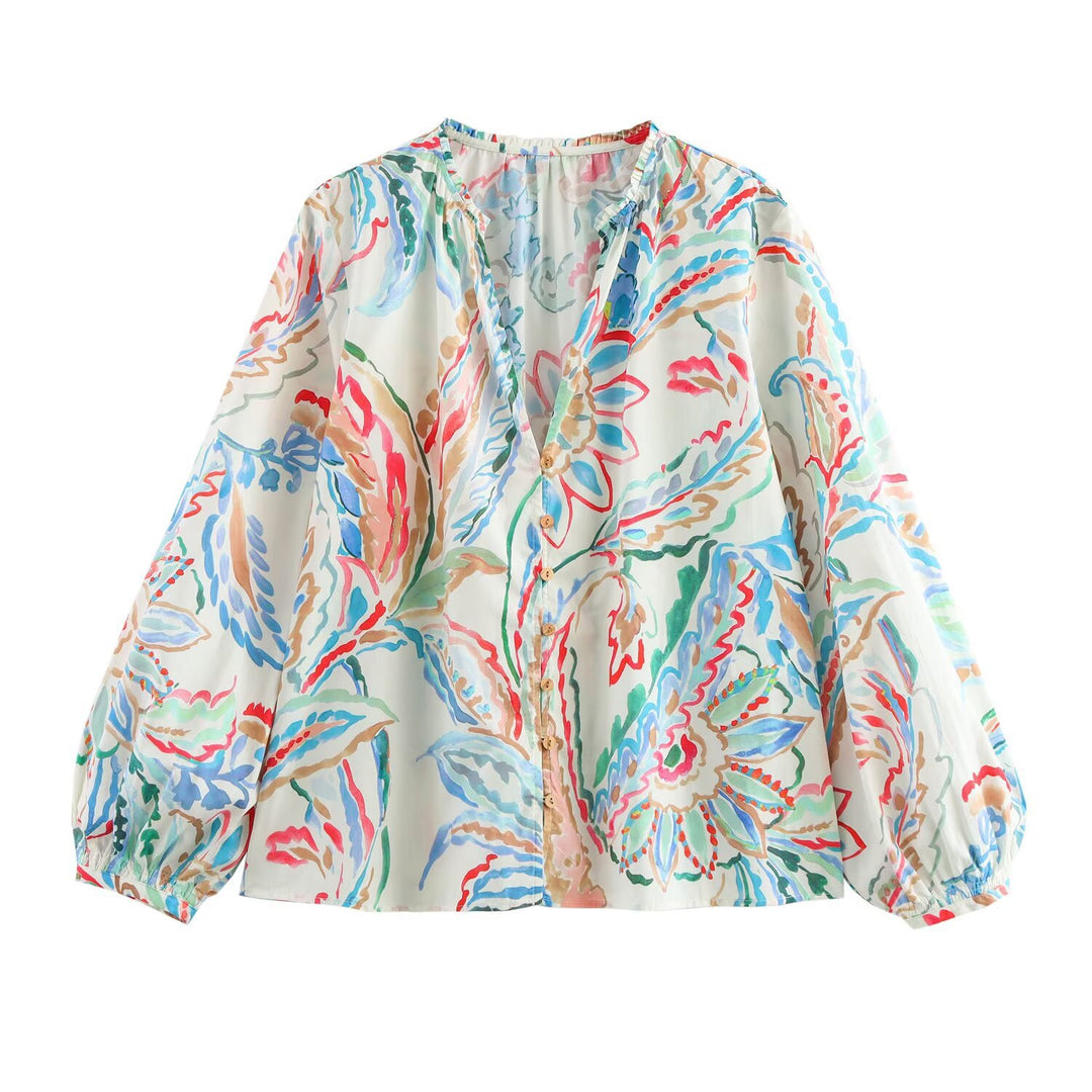 Damen Leichte Viskose-Bluse mit Aquarell‑Floralprint, V‑Ausschnitt und Ballonärmeln Drune