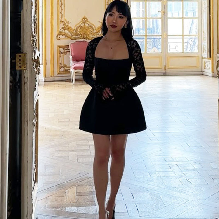 Damen Elegantes Kleid mit Spitzenärmel und fließendem Rock Drune