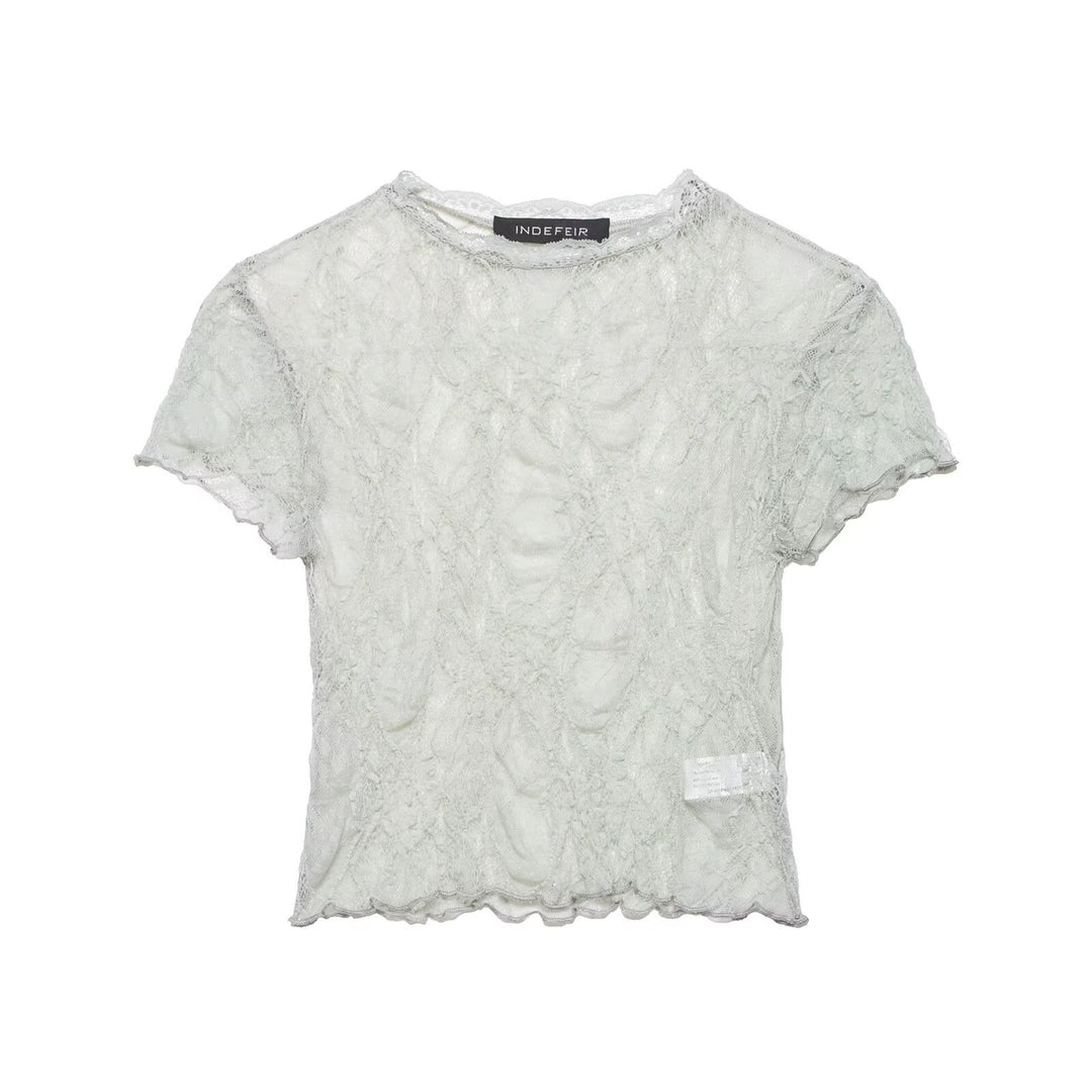 Damen Spitzen-Crop-Top mit feiner Struktur und voluminösen Ärmeln Drune