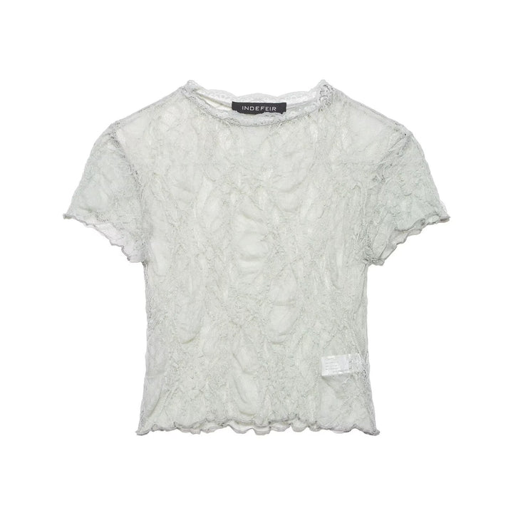 Damen Spitzen-Crop-Top mit feiner Struktur und voluminösen Ärmeln Drune
