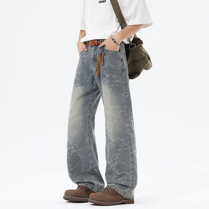 Herren Weit geschnittene Vintage-Denim-Hose im Baggy‑Look mit Marmorwaschung und tiefem Schritt Drune