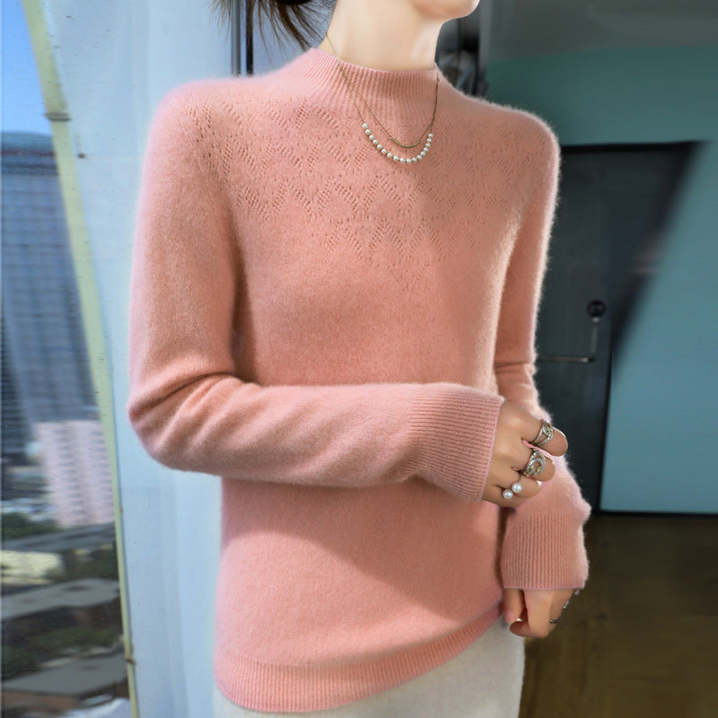 Damen Schlanker minimalistischer Stehkragen-Feinstrickpullover mit geripptem Hals Drune