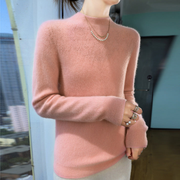 Damen Schlanker minimalistischer Stehkragen-Feinstrickpullover mit geripptem Hals Drune
