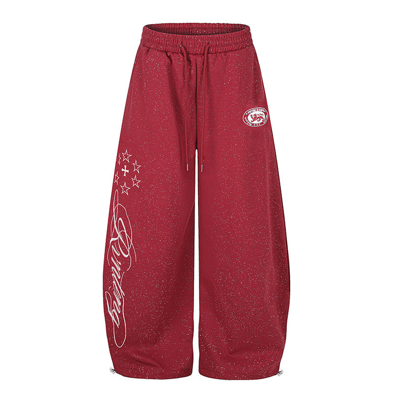 Damen Extraweite Palazzo‑Sweathose im Glitzer‑Nep mit Elastikbund, Kordelzug und Stern‑Script‑Print Drune