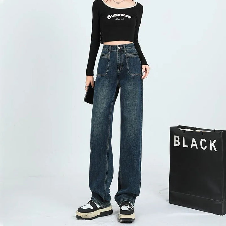 Damen Weit geschnittene Denim-Hose mit hohen Taschen Drune