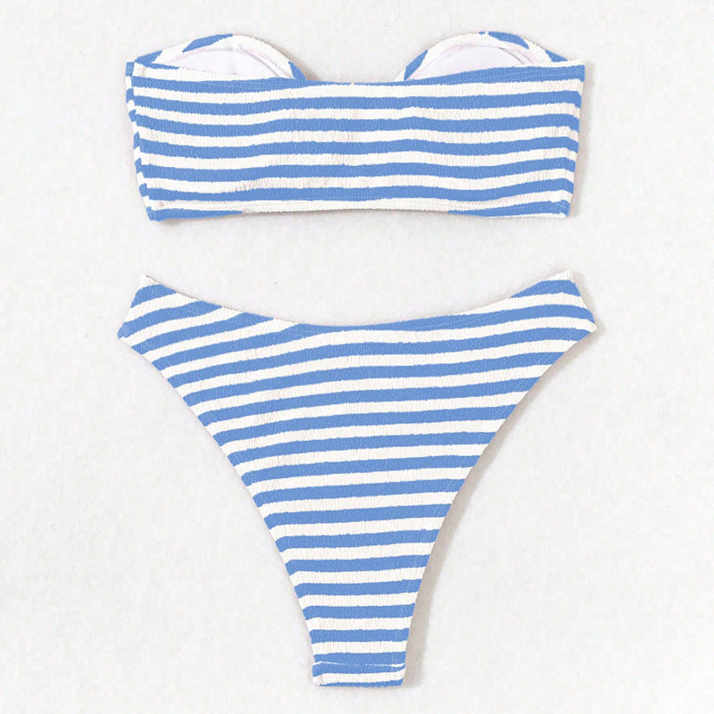 Damen Bandeau-Bikini mit modischem Streifenmuster und zeitgemäßem Gurt Drune
