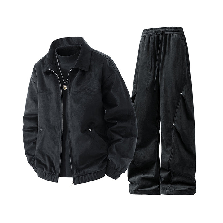 Herren lässiges Cord-Trainingsanzug-Set mit Reißverschlussjacke und weiten Cargohosen Drune