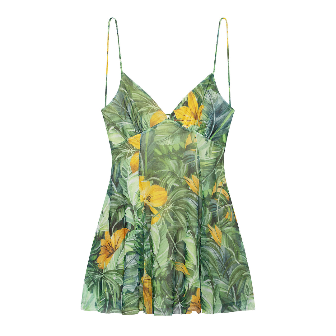 Damen Minikleid mit floralem Muster und feinen Spaghettiträgern Drune