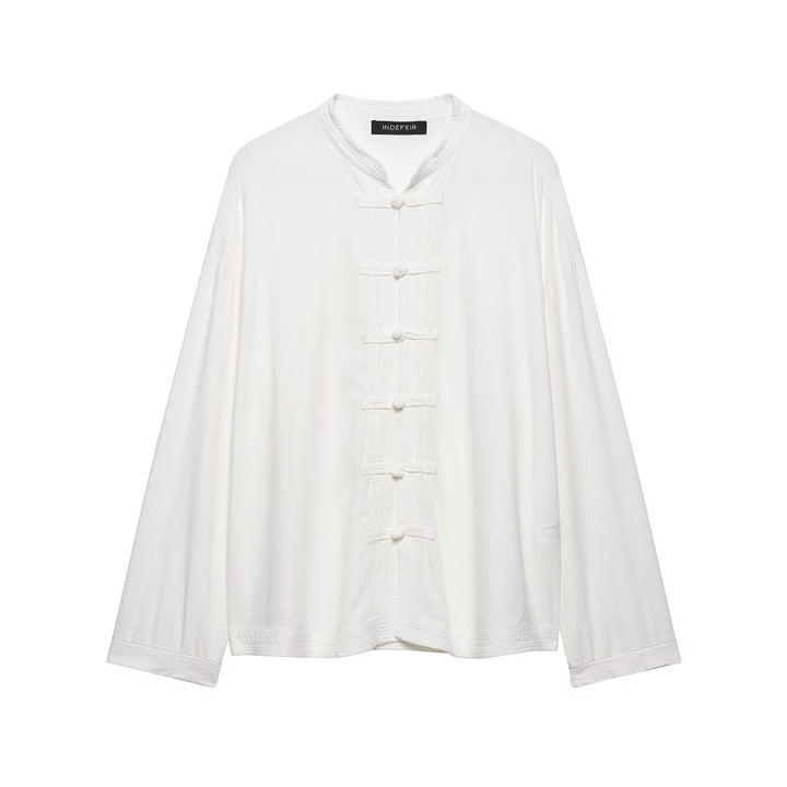 Damen Oversize Tunika‑Bluse im asiatisch inspirierten Stil mit Stehkragen und Zierknotenverschlüssen Drune