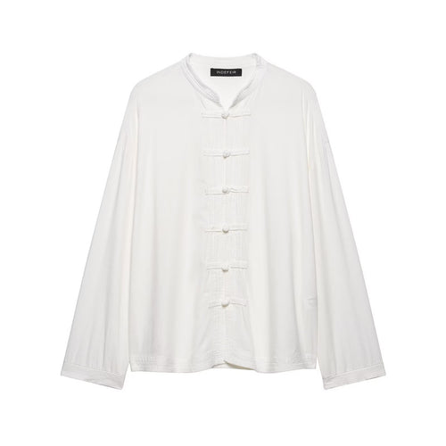 Damen Oversize Tunika‑Bluse im asiatisch inspirierten Stil mit Stehkragen und Zierknotenverschlüssen Drune