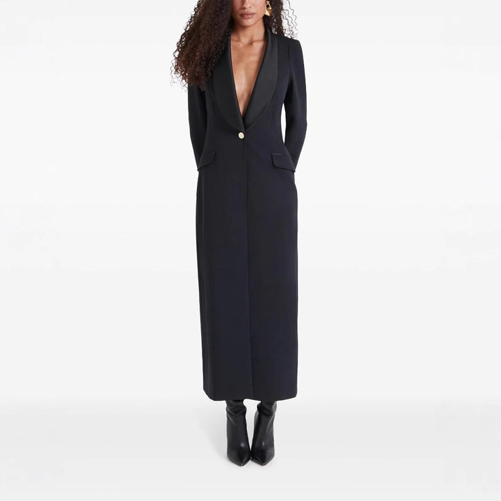 Damen Maxikleid im Smoking‑Blazer‑Stil mit Schalkragen und Ein‑Knopf‑Verschluss Drune