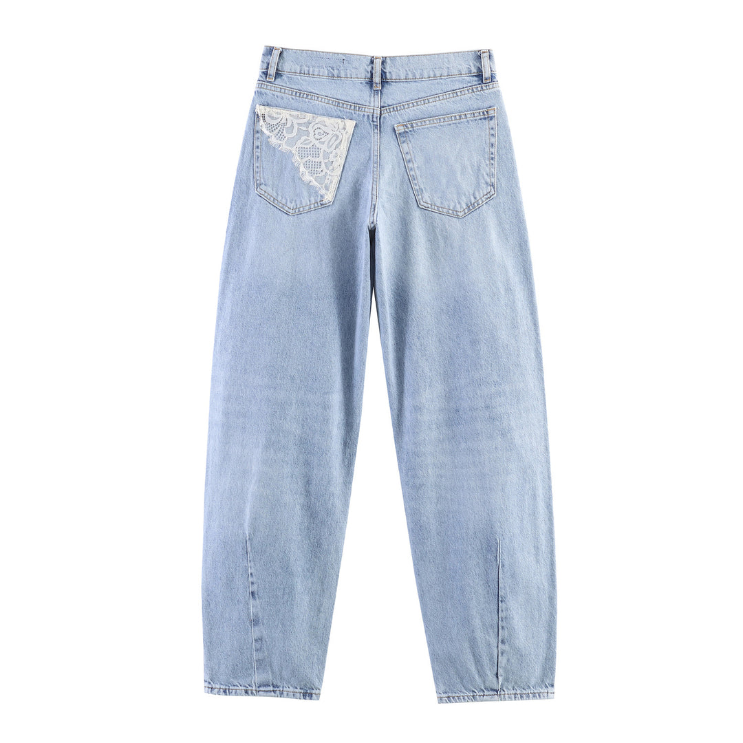 Damen nan relaxed Straight‑Leg Jeans mit Destroyed‑Details und Spitzenunterlage Drune
