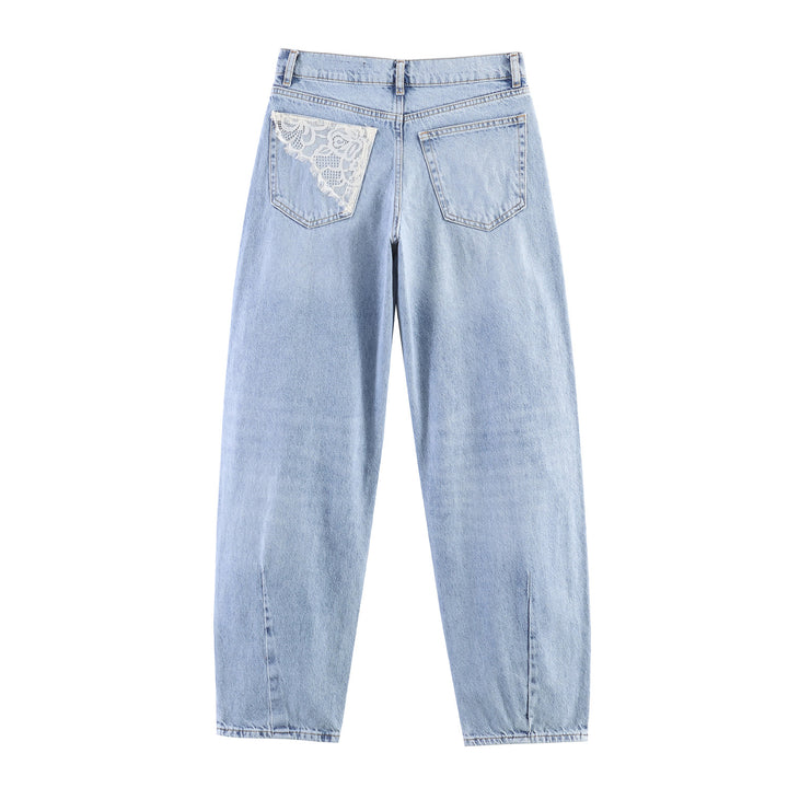 Damen nan relaxed Straight‑Leg Jeans mit Destroyed‑Details und Spitzenunterlage Drune