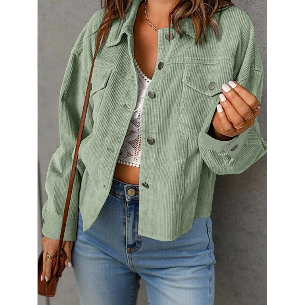 Damen Kurzjacke aus Cord mit Oversize-Passform, Brusttaschen und Druckknopfleiste Drune