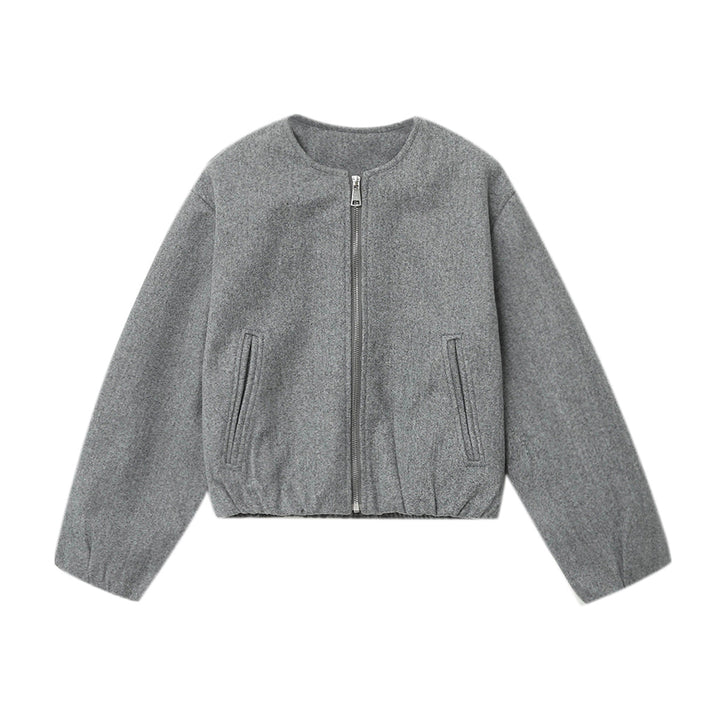 Damen nan kurz geschnittene Wolloptik-Cropped-Jacke mit Rundhalsausschnitt, durchgehendem Reißverschluss, elastischem Saum und dezenten Eingrifftaschen Drune
