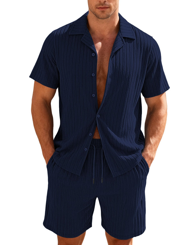 Herren nan geripptes Feinstrick-Lounge-Set mit kurzärmligem Revershemd und Kordelshorts Drune
