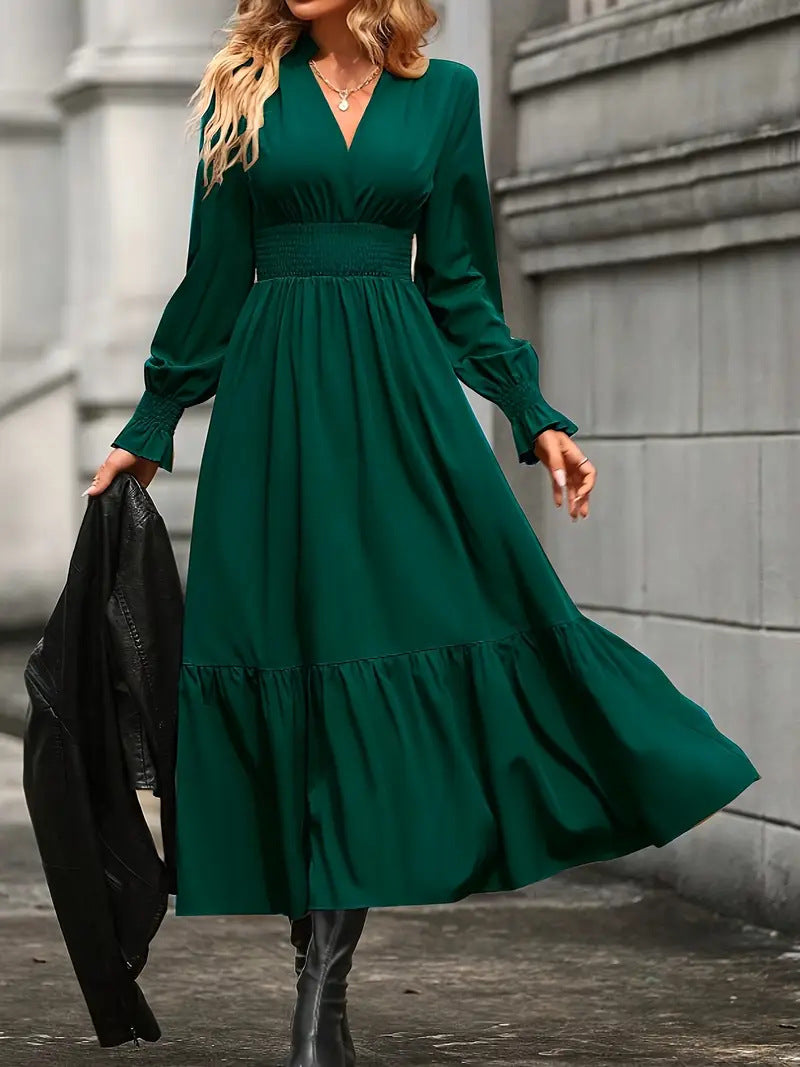 Damen Maxikleid mit elegantem V-Ausschnitt und voluminösen Ärmeln Drune