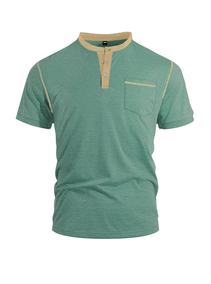 Herren nan legeres Kurzarm-Bandkragenshirt mit Knopfleiste Brusttasche und Flatlocknähten Drune
