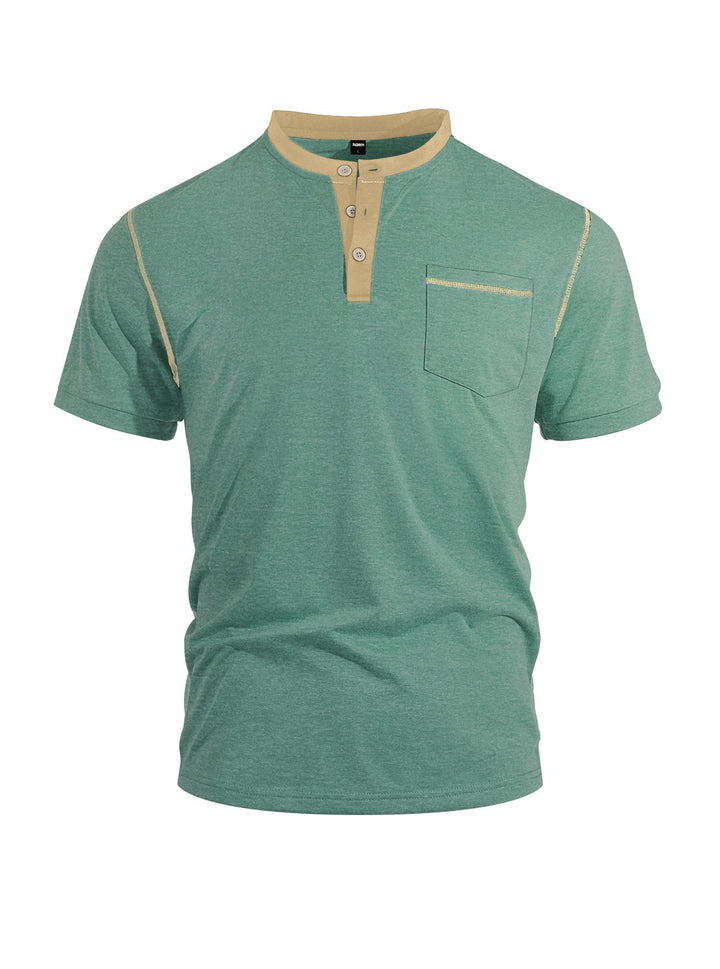 Herren nan legeres Kurzarm-Bandkragenshirt mit Knopfleiste Brusttasche und Flatlocknähten Drune