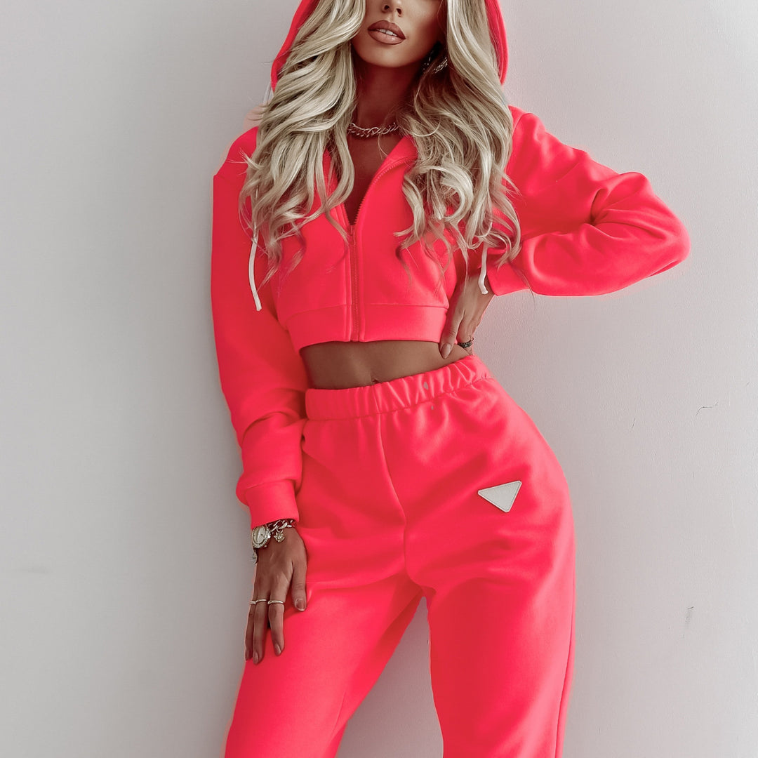 Damen kurzes Kapuzen-Sweatshirt mit Reißverschluss und hochgeschnittene Jogginghose Set Drune