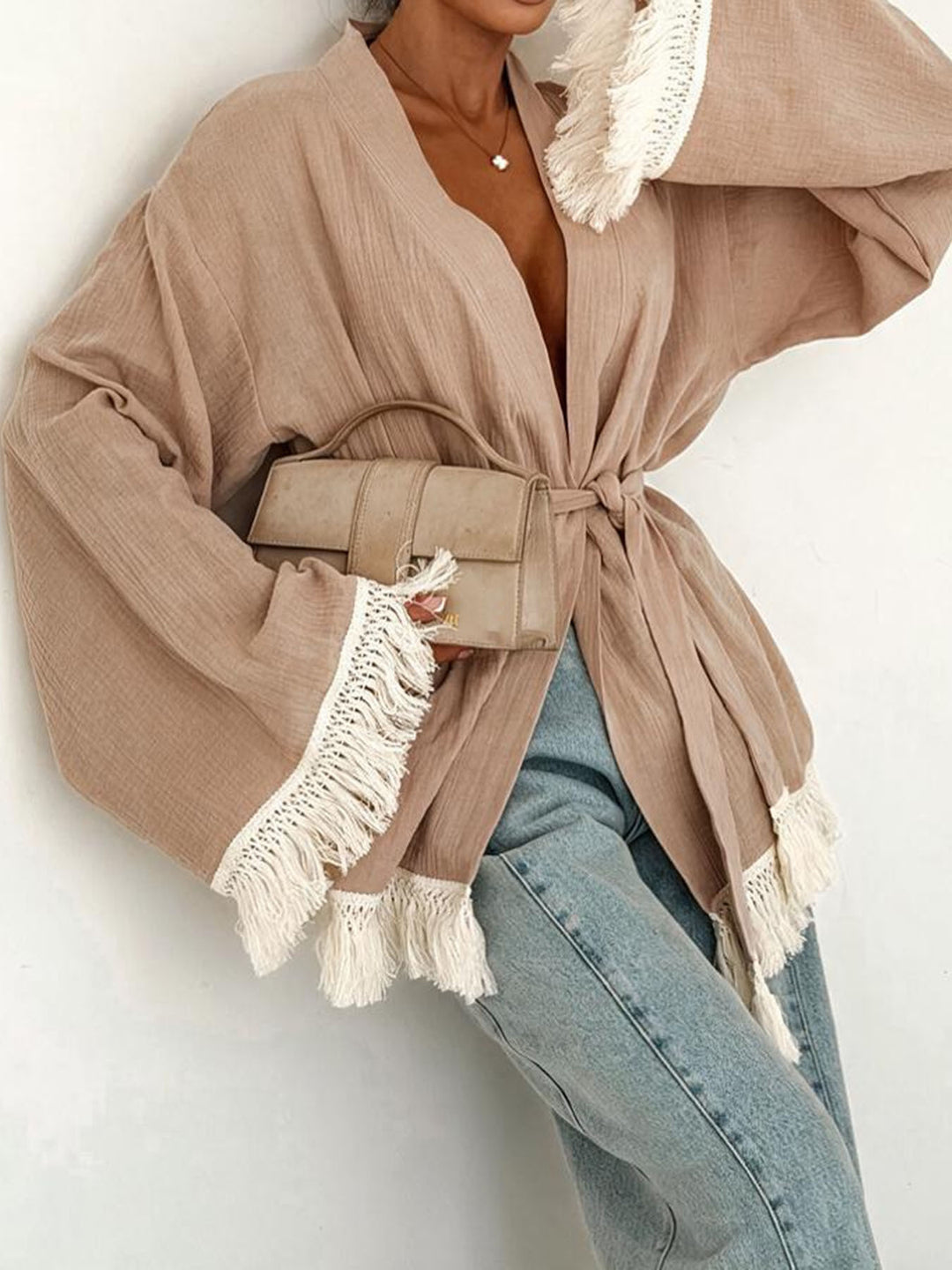 Damen Fransen-Kimono-Jacke aus Leinenoptik mit Taillengürtel Drune