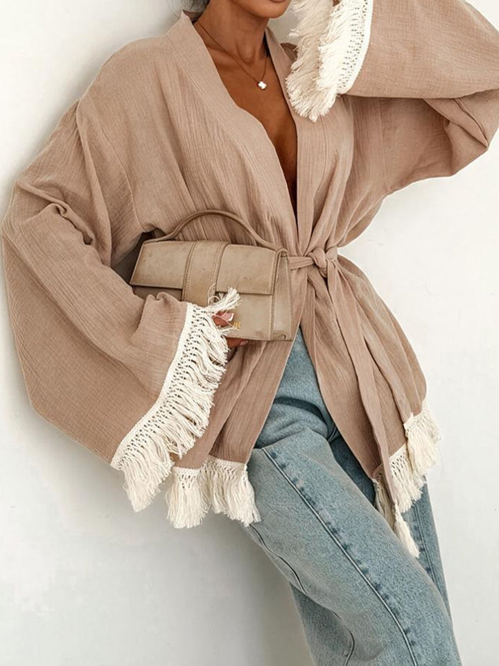 Damen Fransen-Kimono-Jacke aus Leinenoptik mit Taillengürtel Drune