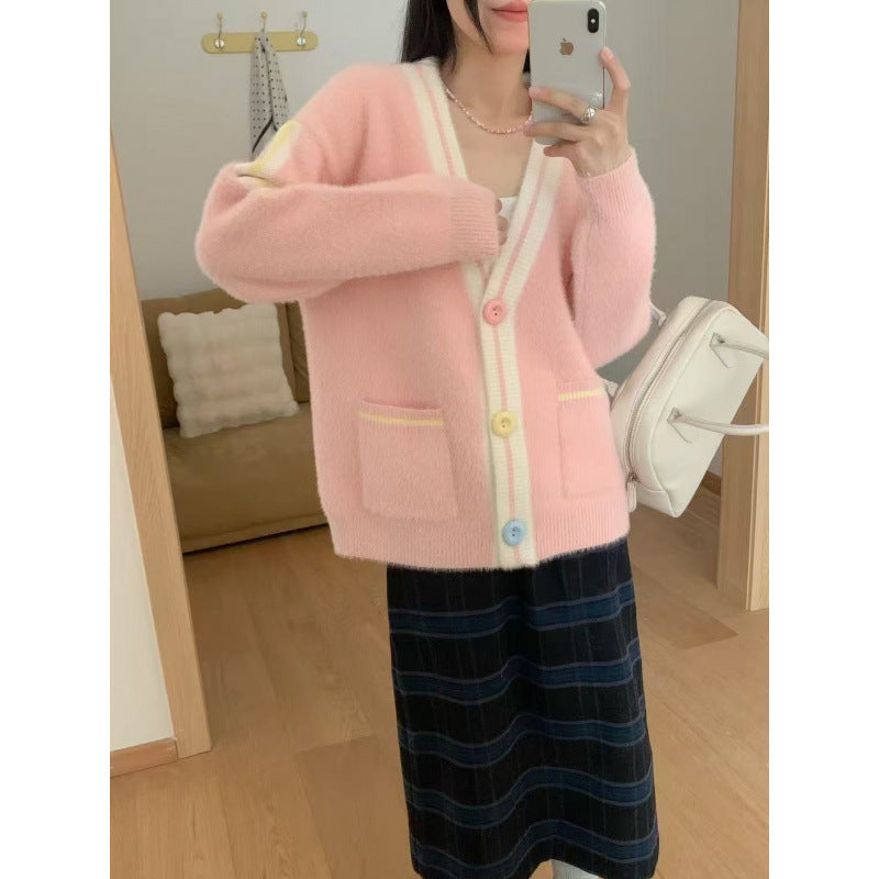 Damen Kuscheliger Cardigan mit bunten Knöpfen und Taschen Drune