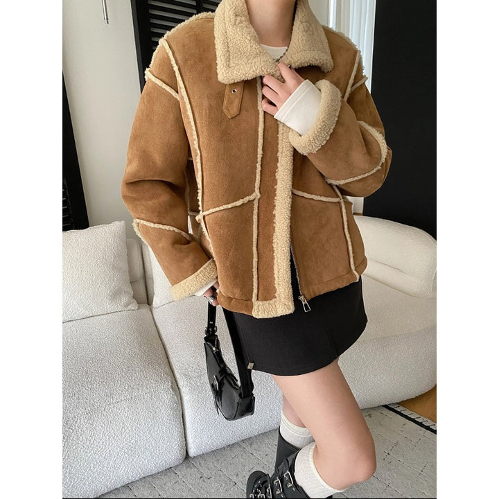 Damen lässige Kunstlederjacke mit samtigem Futter und Kontrastnähten Drune