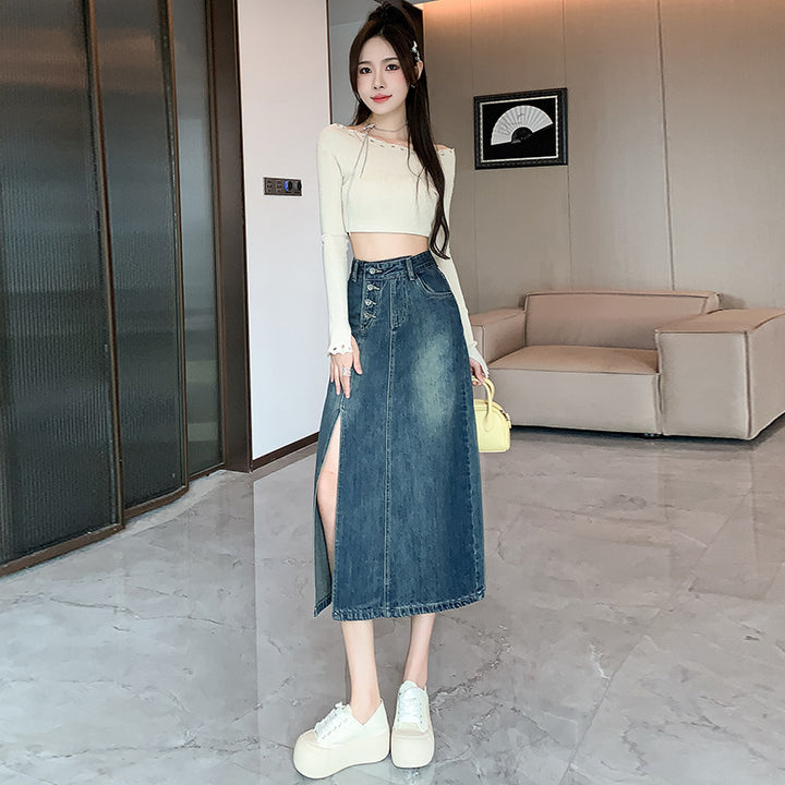 Damen Langer Denim-Rock mit Frontschlitz Drune