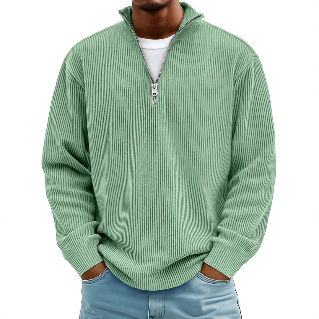 Herren nan gerippter Strickpullover mit halbem Reißverschluss und Stehkragen Drune