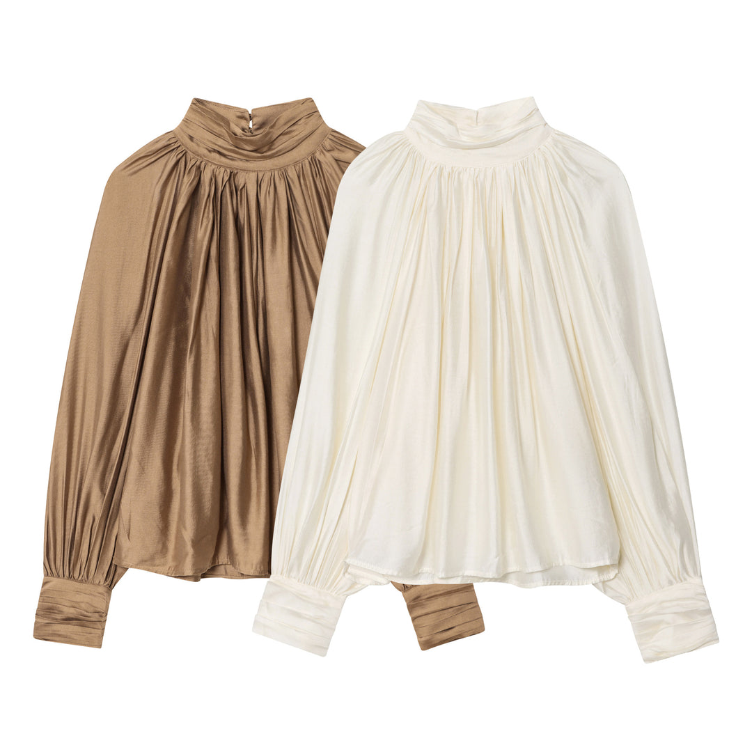 Damen nan plissierte Highneck-Bluse aus seidenähnlichem Satin mit Ballonärmeln und gerafften Manschetten Drune