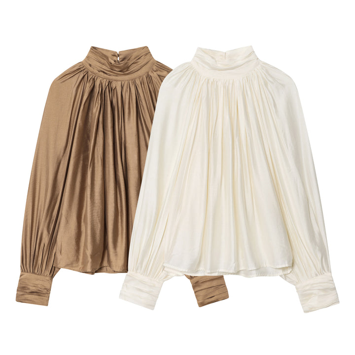 Damen nan plissierte Highneck-Bluse aus seidenähnlichem Satin mit Ballonärmeln und gerafften Manschetten Drune
