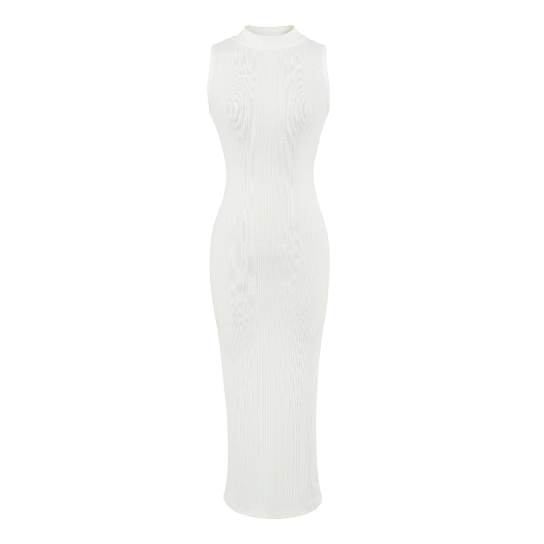 Damen Midikleid in Rippstrick, ärmelloses Slim‑Fit mit Stehkragen Drune