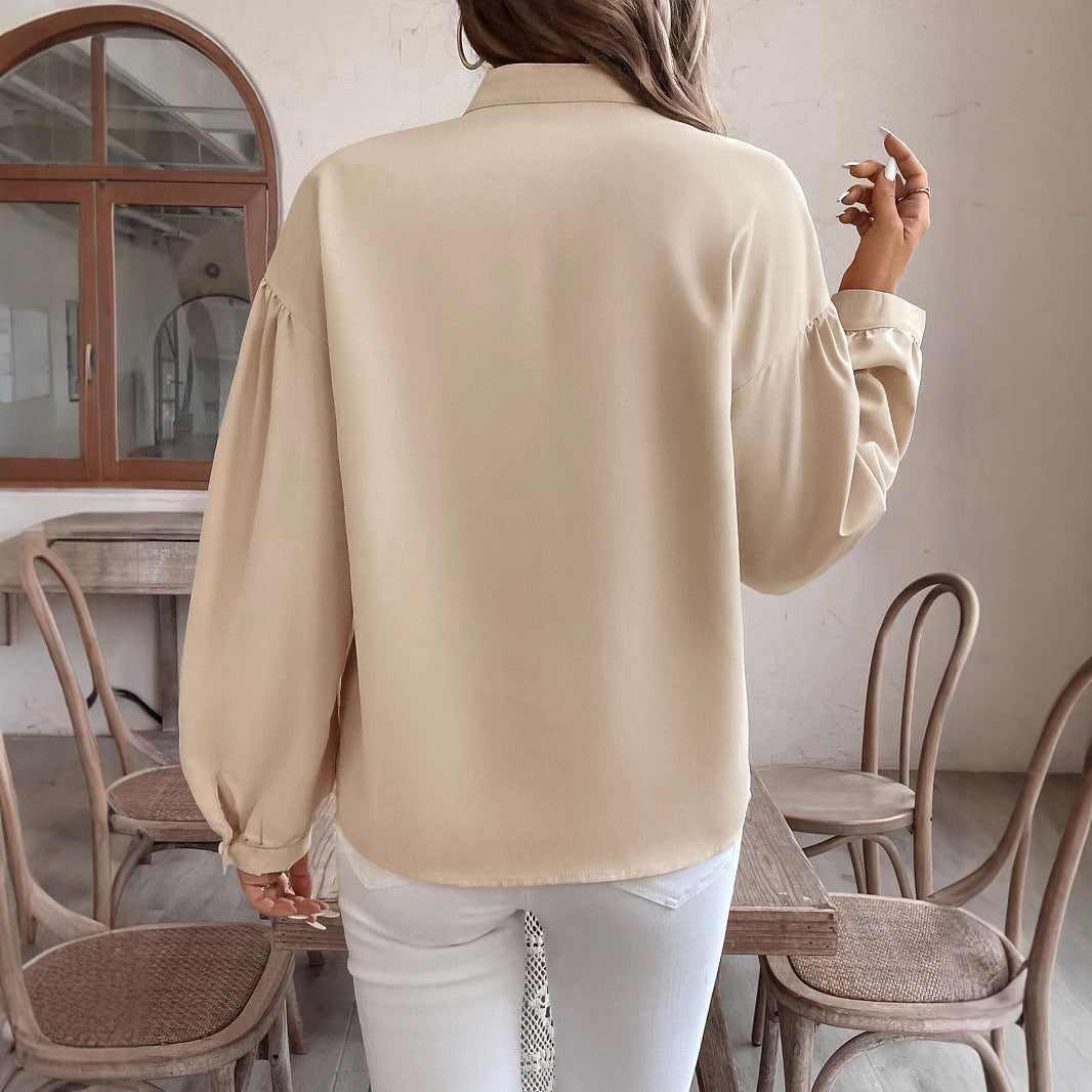 Damen Bluse mit Stehkragen, bestickter V‑Passe und ballonärmeln Drune