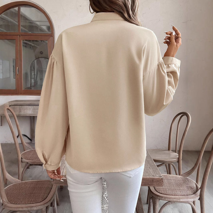 Damen Bluse mit Stehkragen, bestickter V‑Passe und ballonärmeln Drune