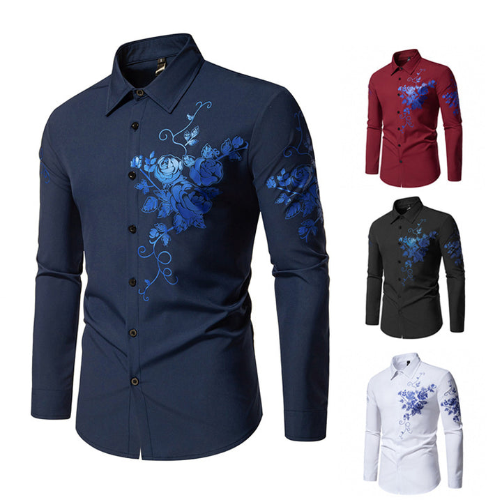 Herren Slim-Fit Langarmhemd mit floralem Print und tailliertem Schnitt Drune