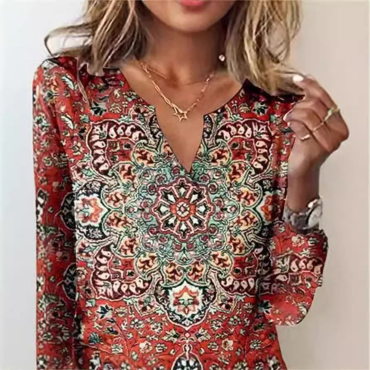 Damen Langarm-Bluse mit ornamentalem Mandala-Print und V-Ausschnitt Drune