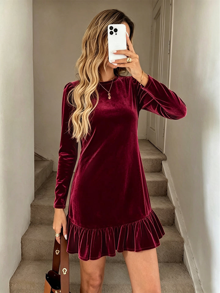 Damen Samt-Minikleid mit langen Ärmeln gerafftem Volantsaum und Puffschultern Drune