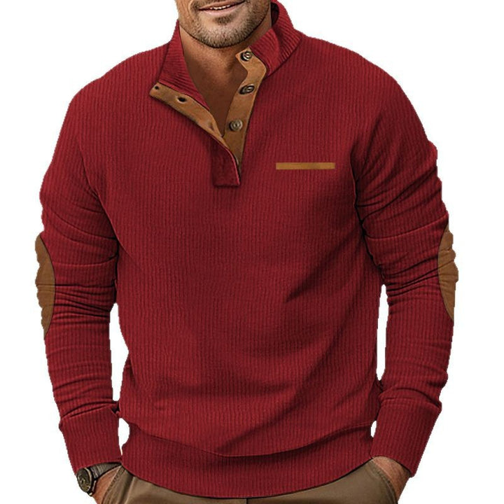 Herren nan strukturiertes Halbknopf-Stehkragen-Pullover mit Wildleder-Ellbogenpatches Drune