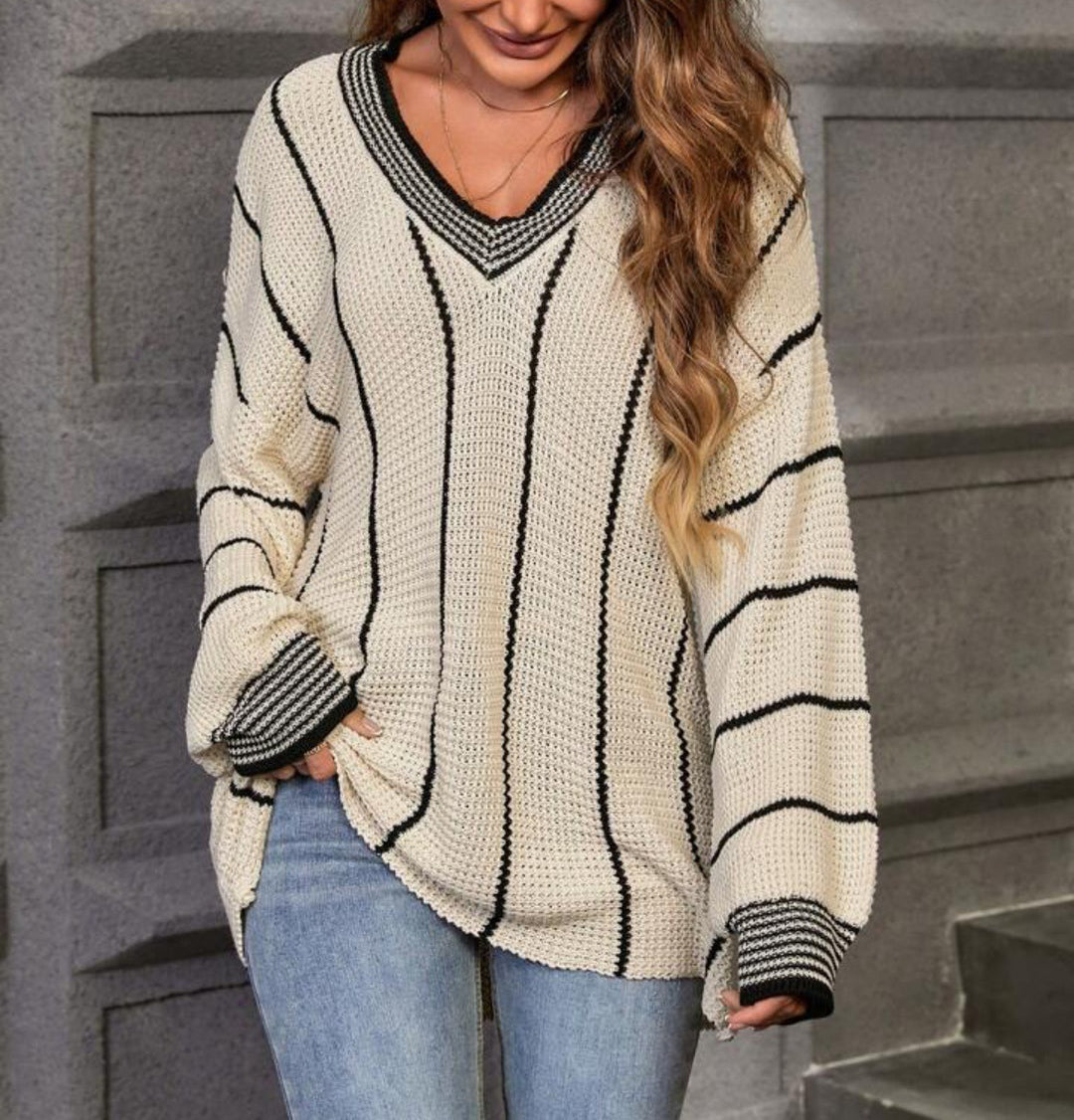 Damen Oversized V-Ausschnitt Pullover mit Streifenmuster Drune