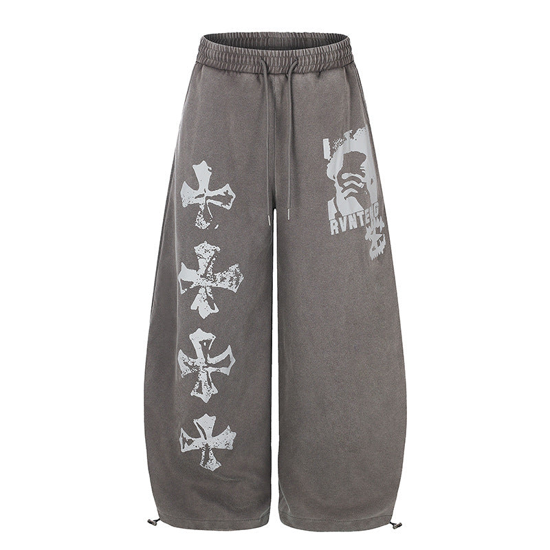Damen Extraweite Palazzo‑Sweathose mit Tunnelzugbund, verstellbarem Saum und Gothic-Print Drune