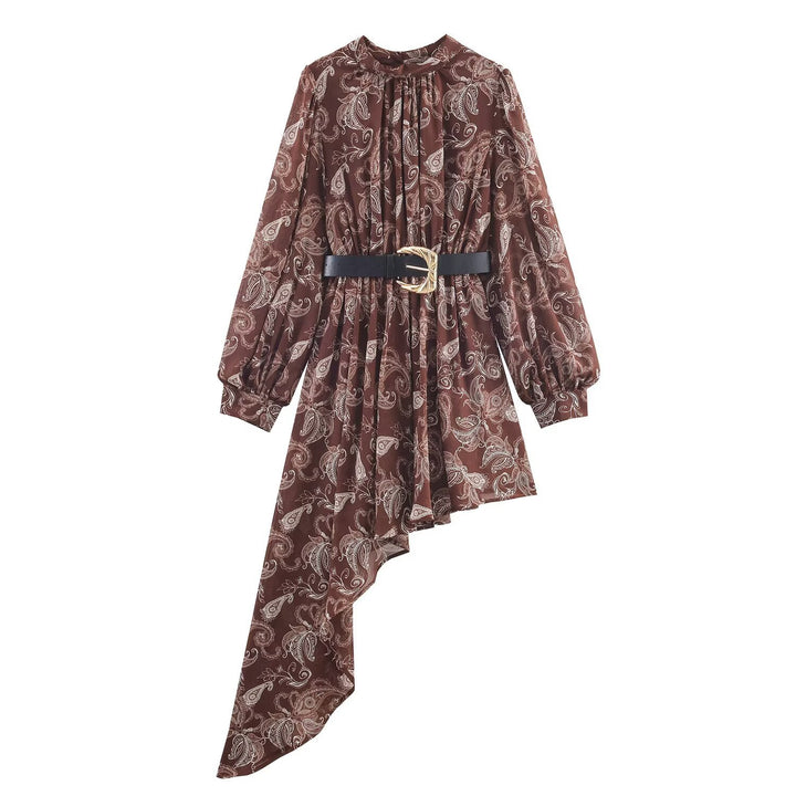 Damen Asymmetrisches Paisley‑Chiffon‑Minikleid mit Ballonärmeln und Taillengürtel Drune