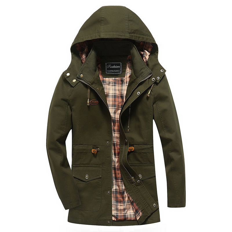 Herren Kapuzen-Canvasparka mit karierter Innenfütterung und Multifunktions‑Taschen Drune