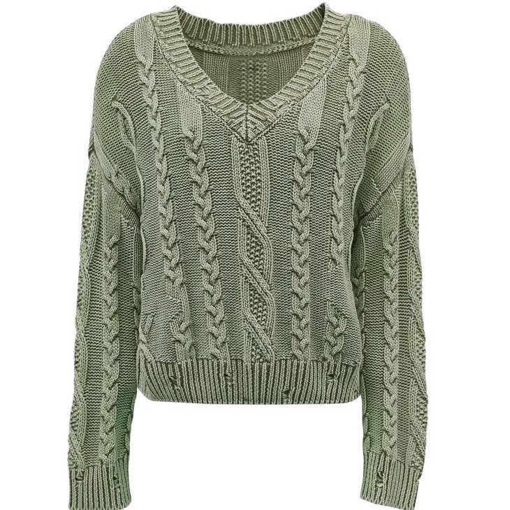 Damen Grobstrickpullover mit tiefem V-Ausschnitt und Zopfmuster Drune