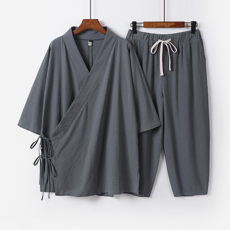 Herren Kimono-Loungewear-Set mit Wickeloberteil, Kordelbundhose und lockerer Passform Drune
