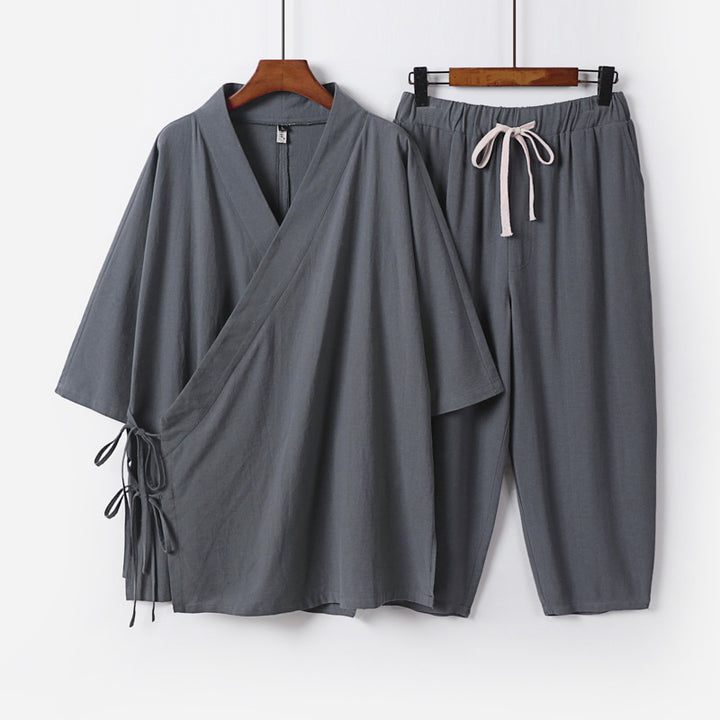 Herren Kimono-Loungewear-Set mit Wickeloberteil, Kordelbundhose und lockerer Passform Drune