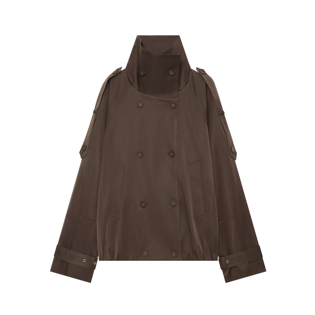 Damen nan doppeltreihiger Cape-Trench mit hohem Stehkragen und verstellbaren Ärmelriegeln Drune